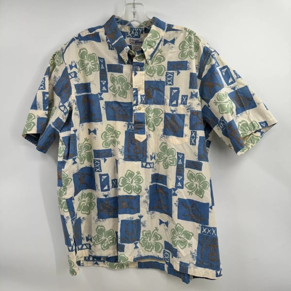 Vintage Reyn Spooner Polo Hawaiian Style Floral White Blue Shirt Mens XL